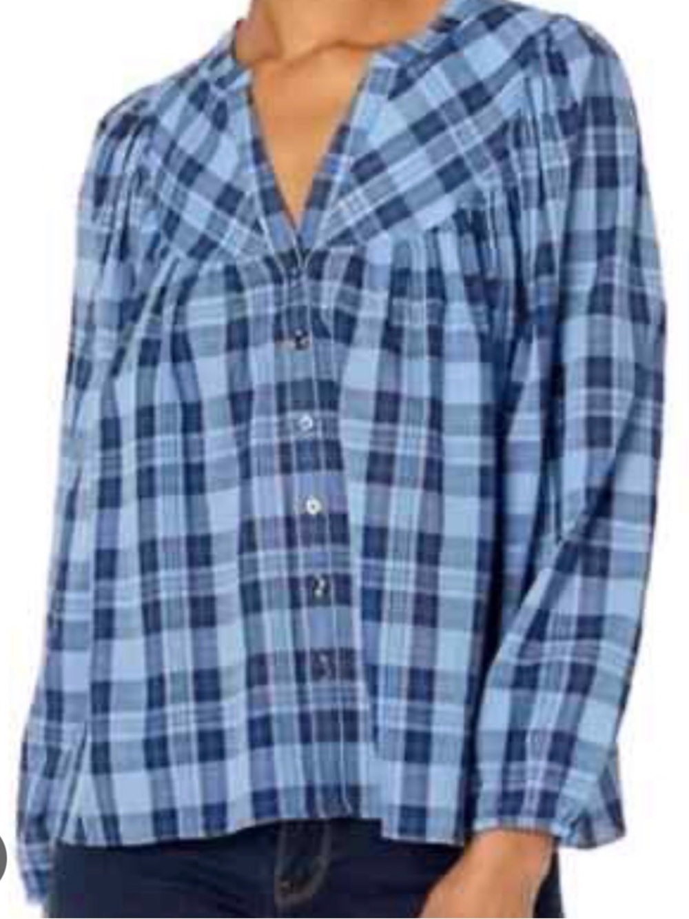 Draper James Light Blue and Navy Plaid Swing Top